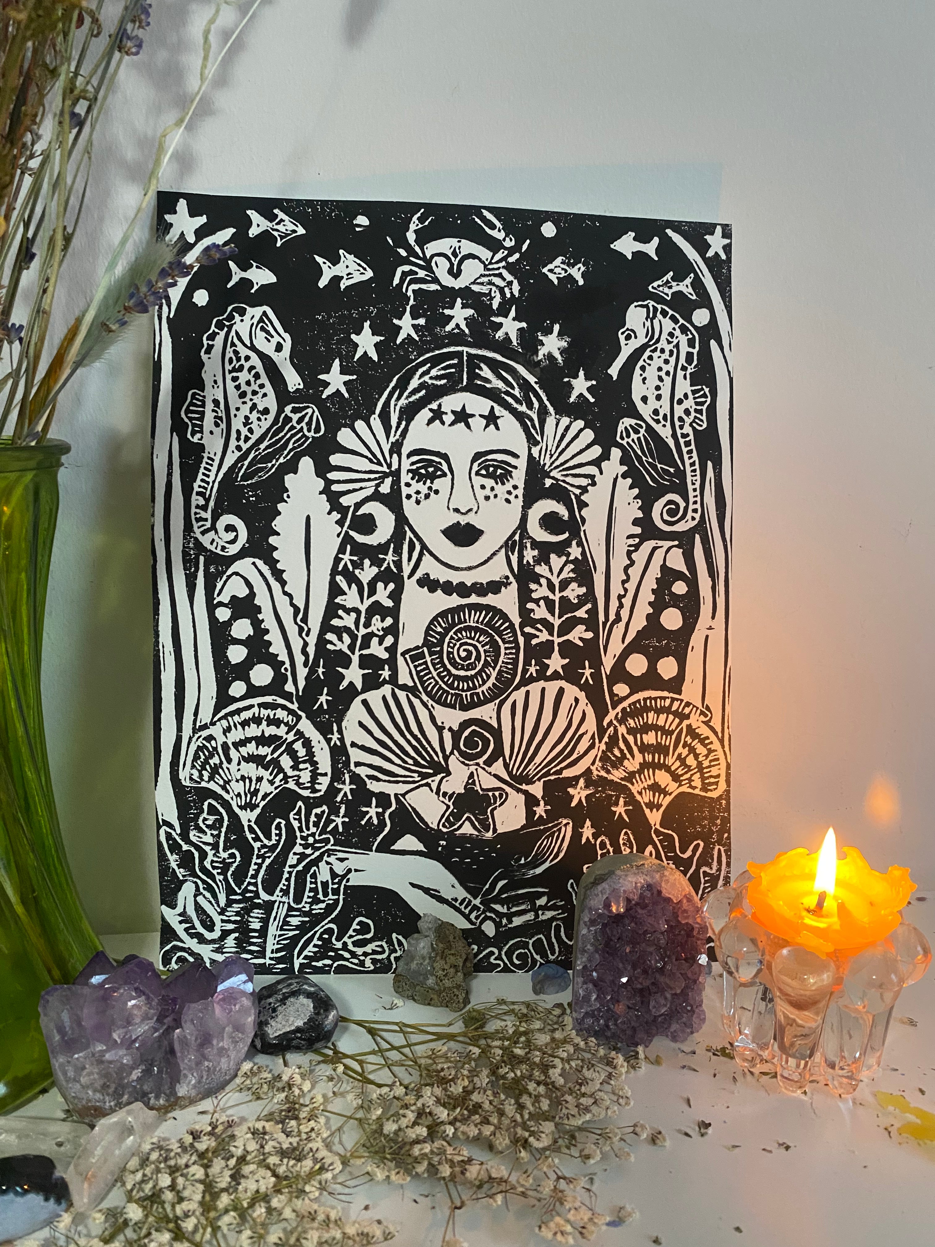 Ocean Woman Lino Print
