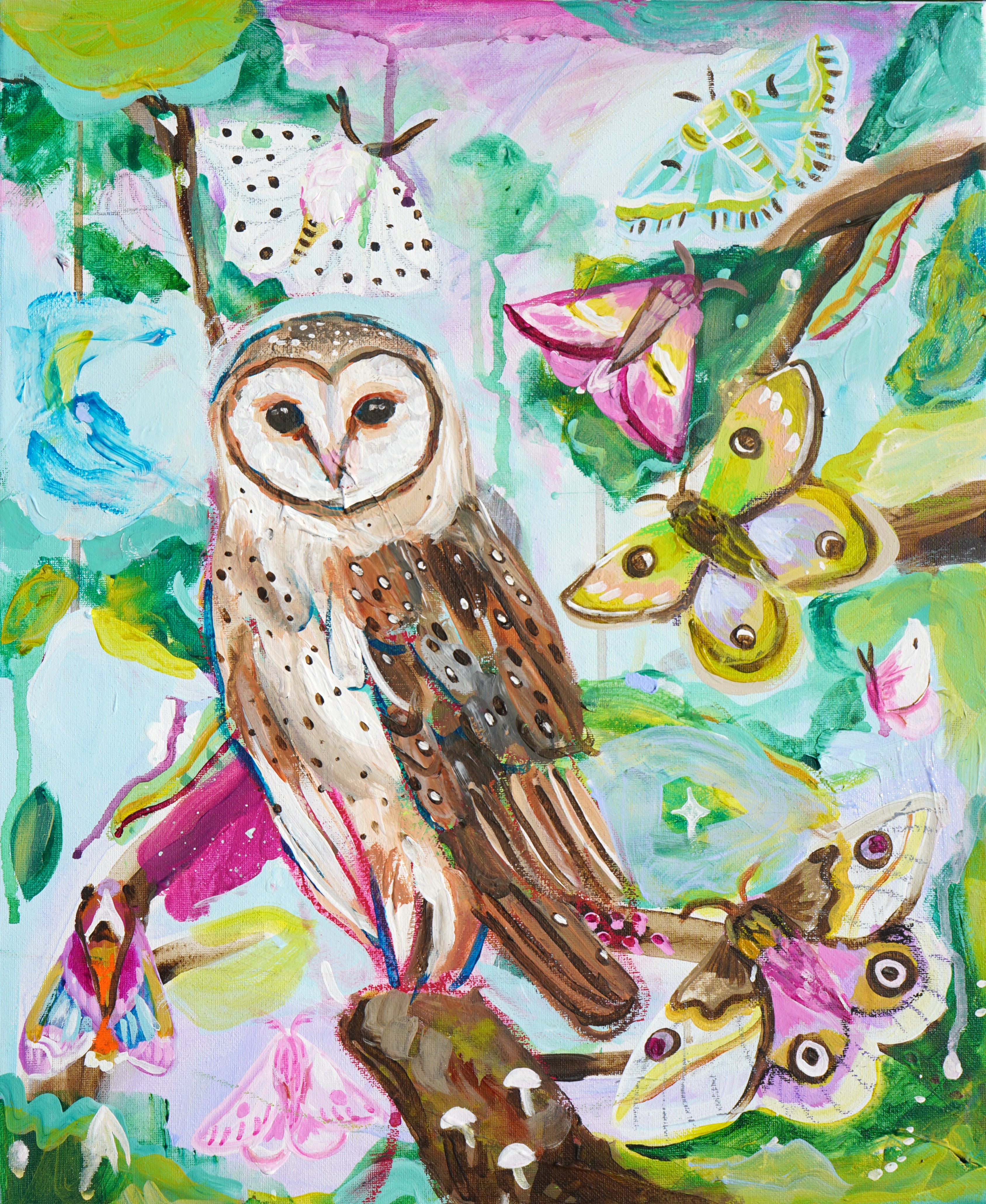 Barn Owl Butterfly Tree Painting