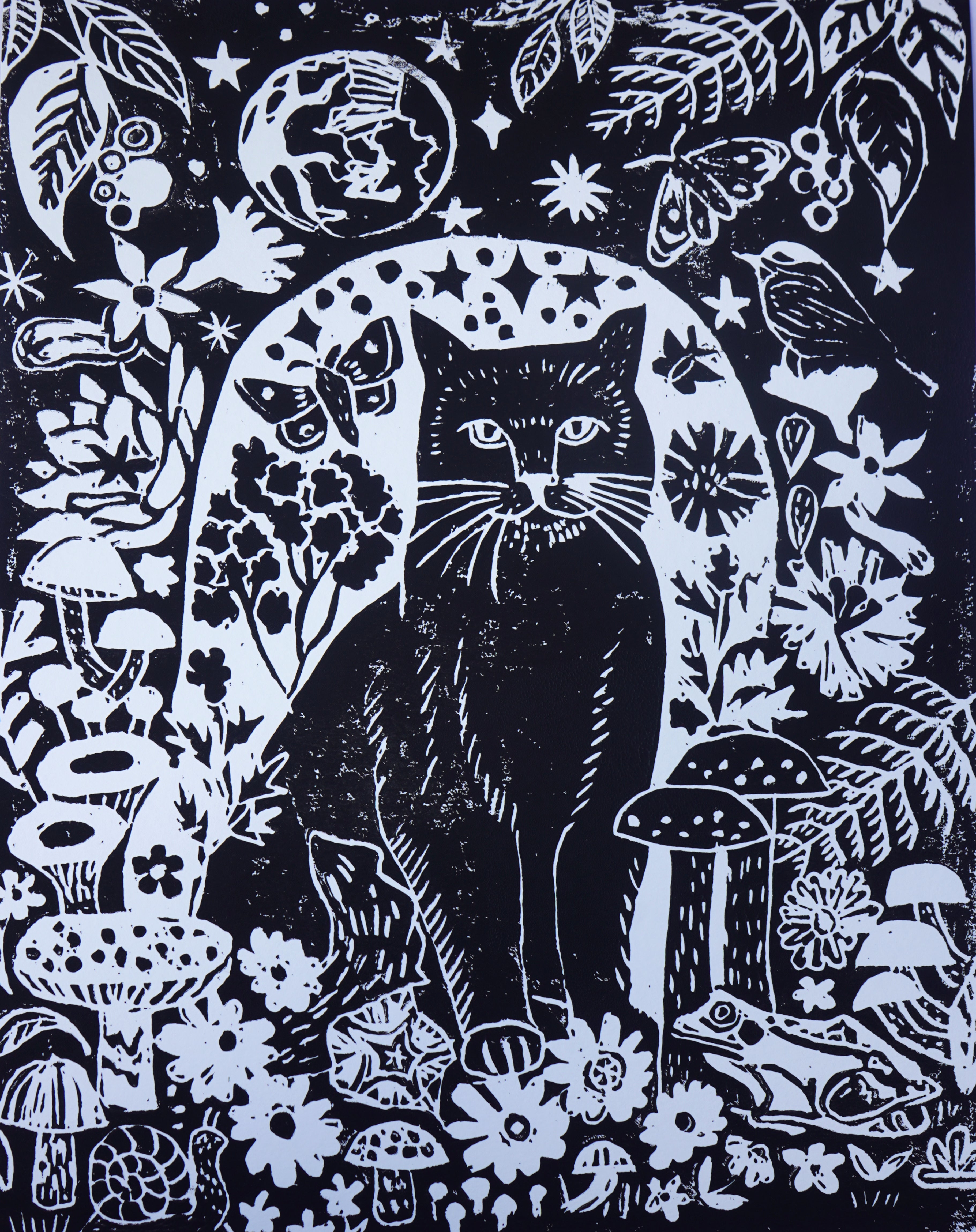 Black Cat Lino Print
