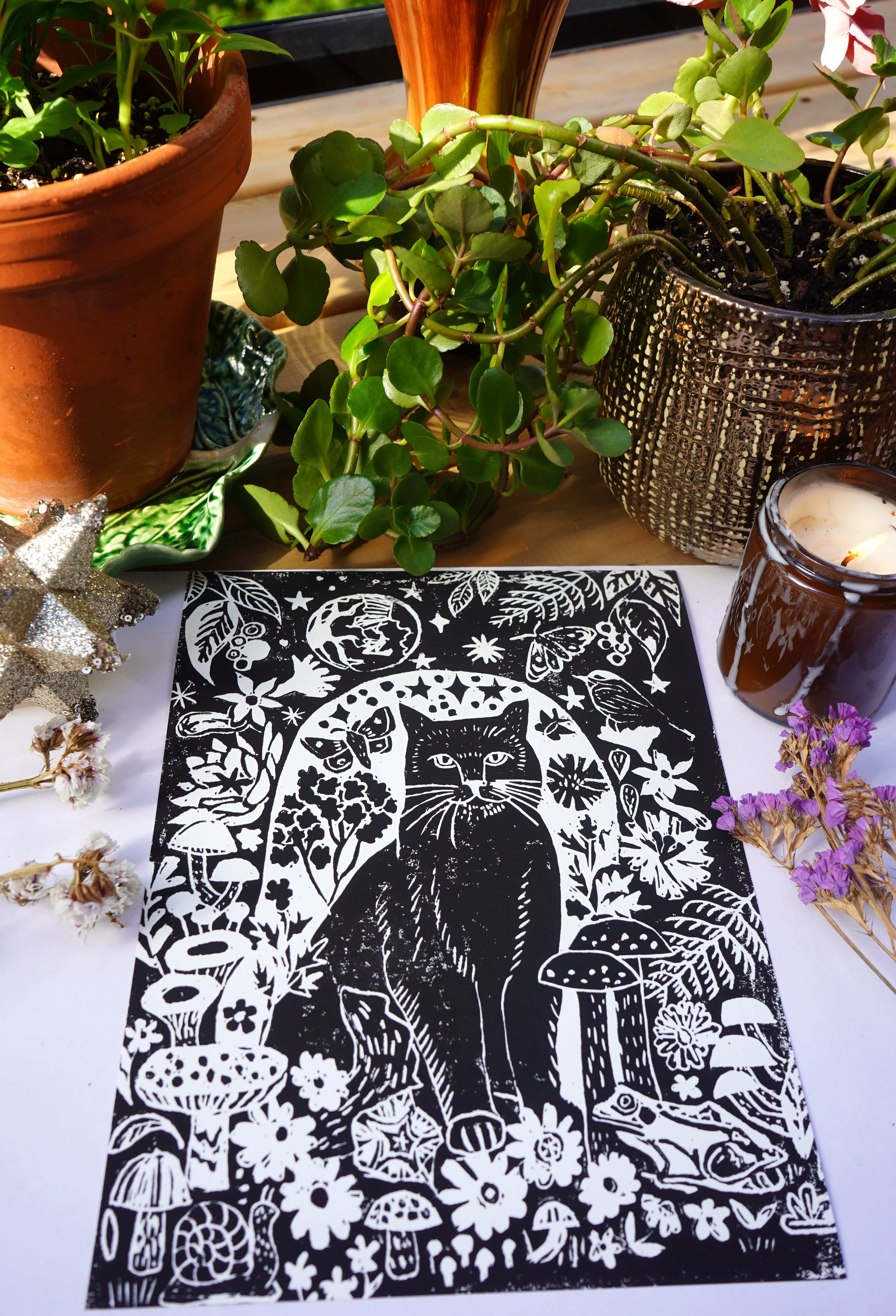 Black Cat Lino Print