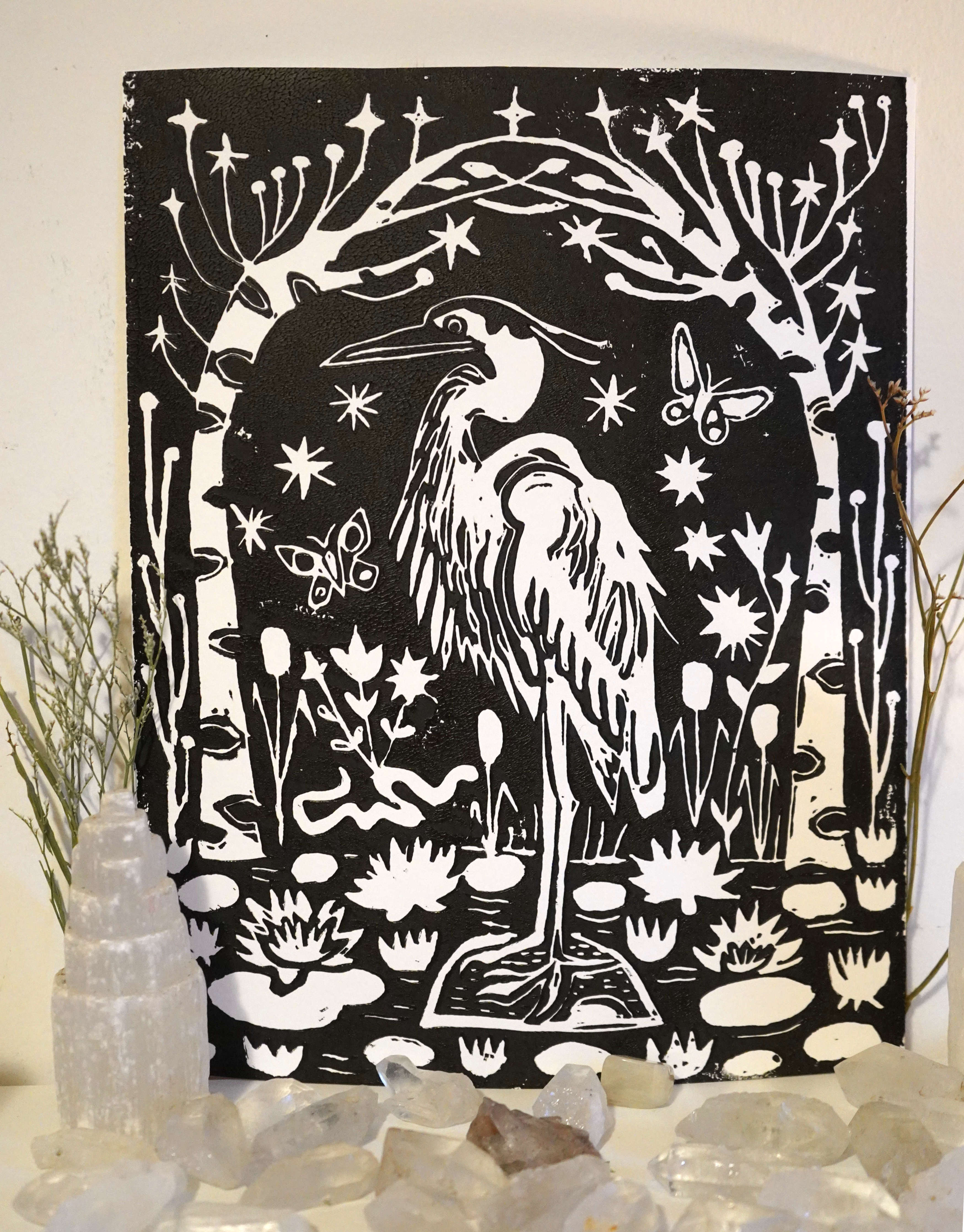 Heron Lino Print
