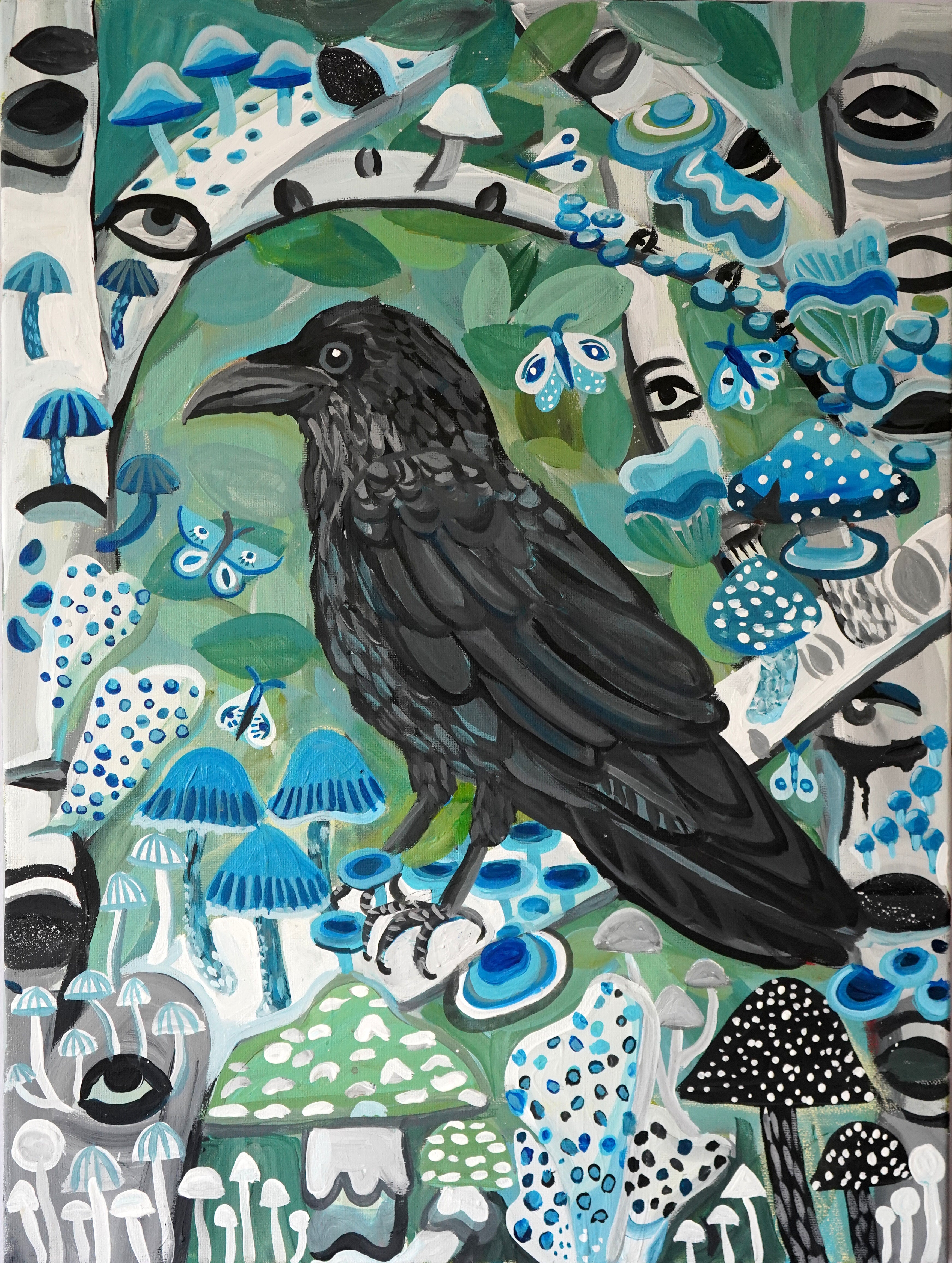 Raven of the Blue Mushroom Birch Painting