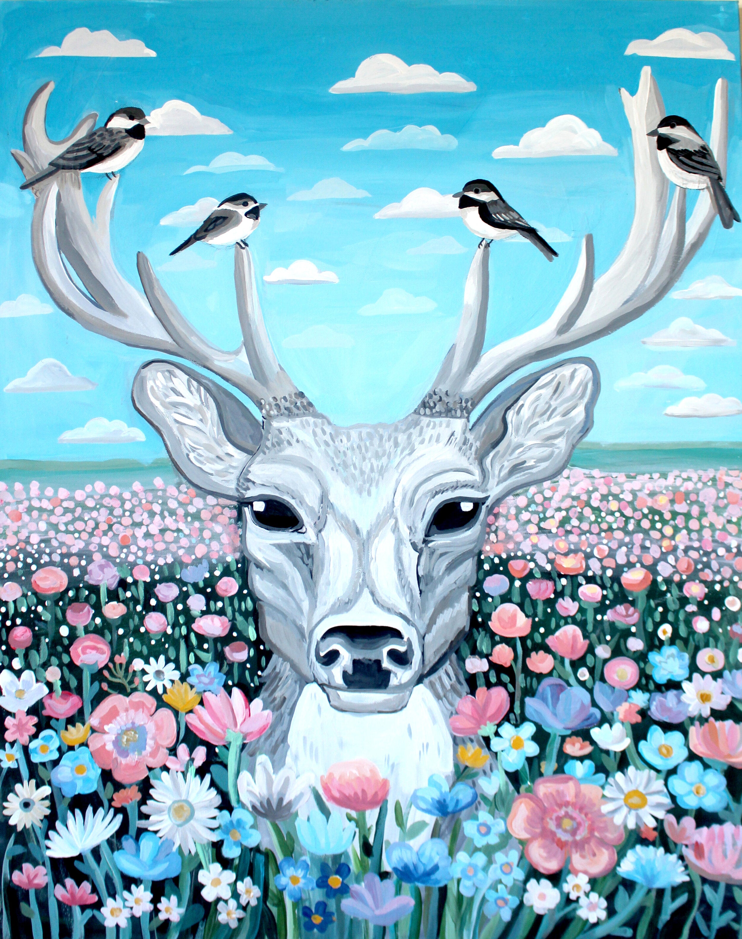 Deer Wild Flower Field Painting