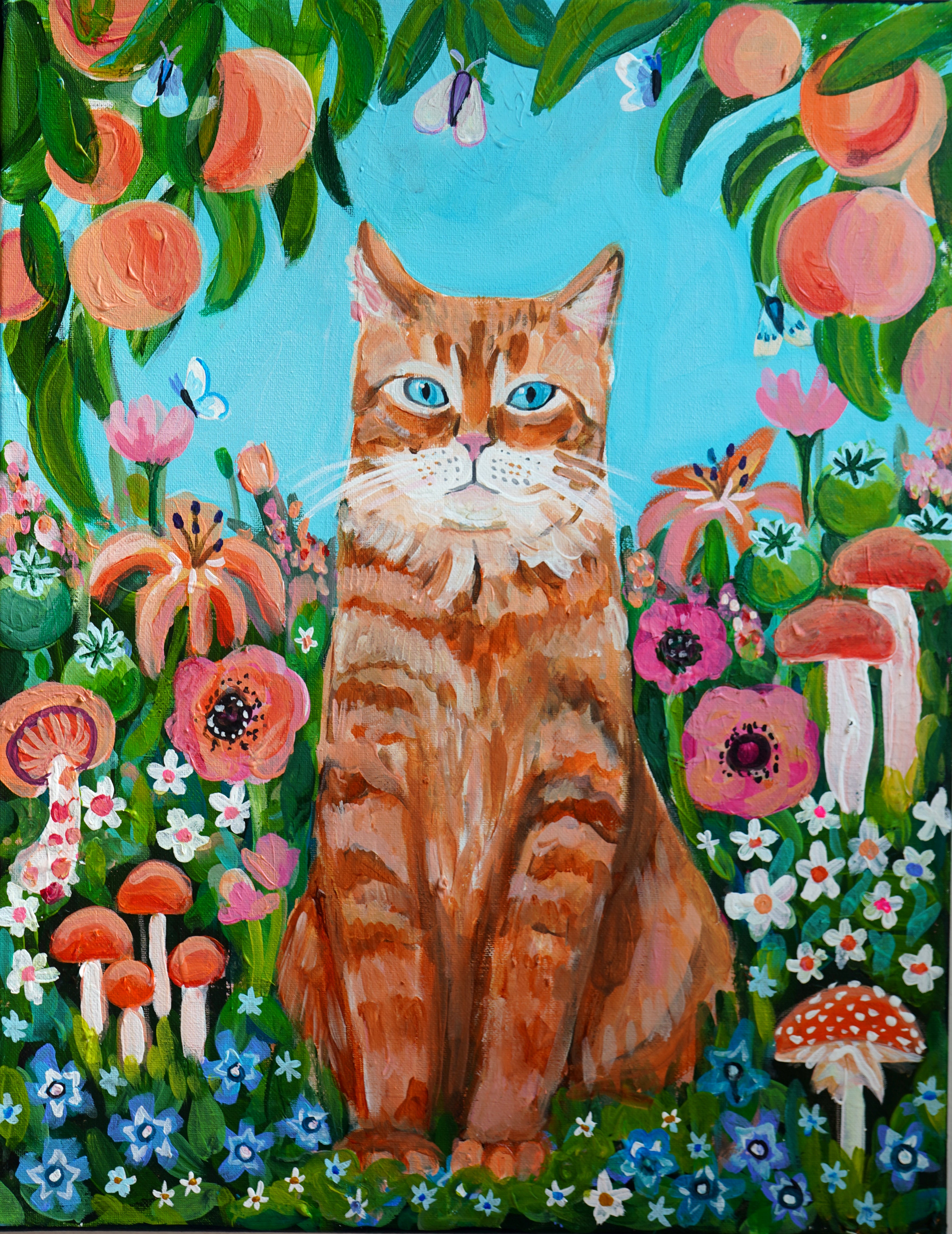Peach Tree Orange Cat Painting