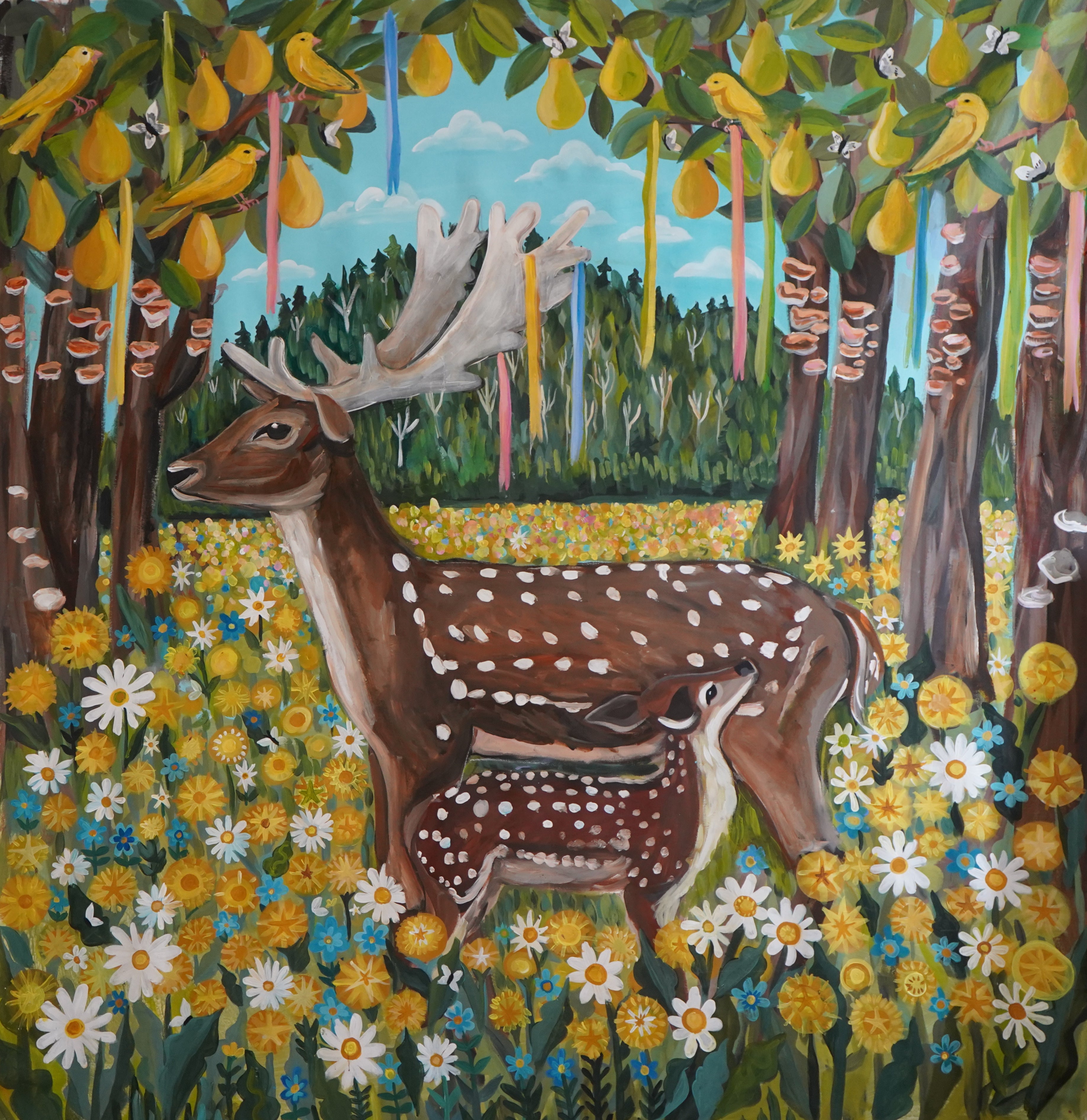 Golden Meadow Deer and Fawn Painting